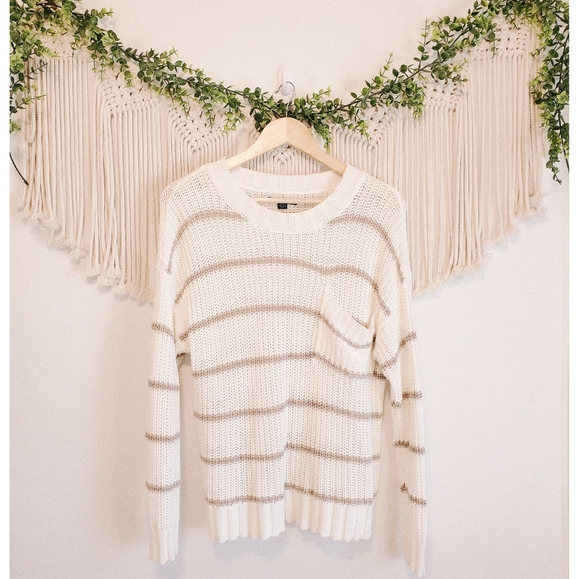 AMERICAN EAGLE Neutral Striped Pocket Front Long Sleeve Crewneck Knit Sweater S
